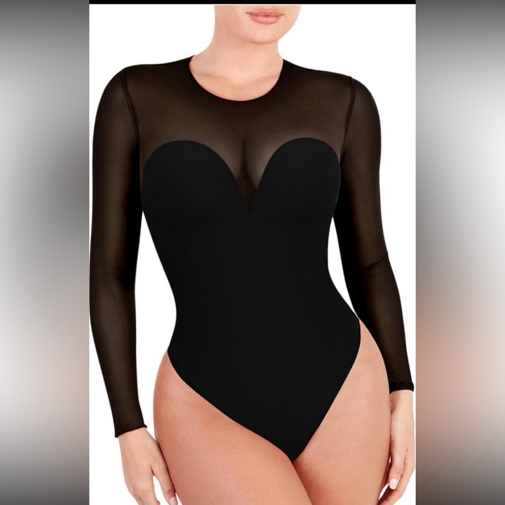 Popilush Shapewear Bodysuit Women Tummy Control Long Sleeve Mesh Thong NWT M